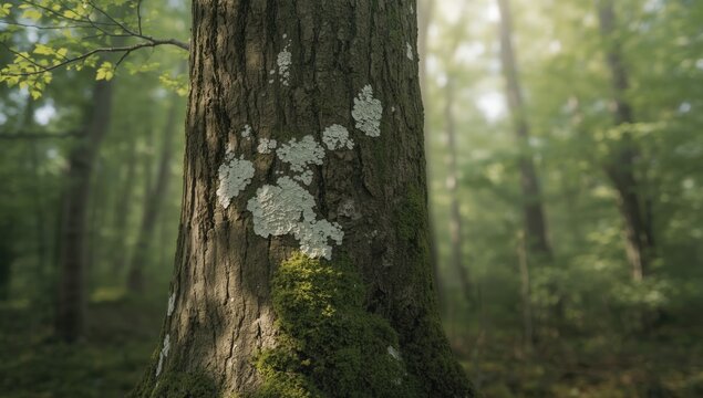 Close-up of beech bark featuring white lichen and moss, highlighting ecological interactions, Earth Day