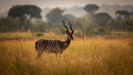 Adult kudu navigating tall grass in open savannah, highlighting animal behavior and habitat preservation, World Wildlife Day