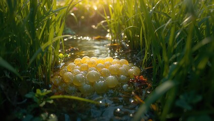 Frog spawn clustered in grass by waterâ€™s edge, highlighting aquatic reproduction, World Wetlands Day
