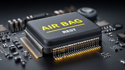 A black and yellow electronic device with the words "air bag rest" on it. The device is likely a computer or other electronic device