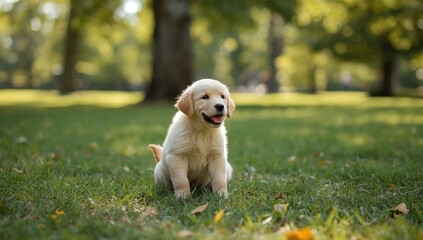 A small white dog in a park setting with sand and greenery, gazing attentively, designed as a cheerful animal background