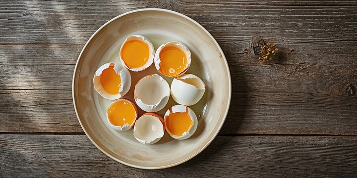 Top view of a circular dish with cracked eggs on a table, food preparation and freshness