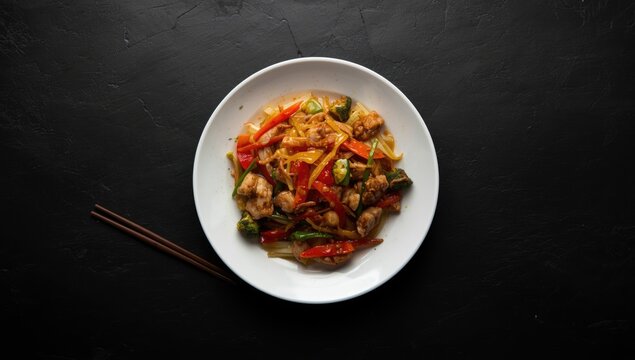 White chicken chop suey dish on a black slate surface, ideal for culinary presentation or recipe display, International Cuisine Day