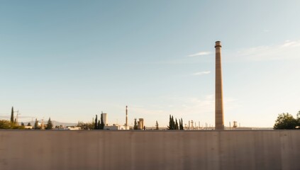Industrial chimney at a jute manufacturing plant in Dos Hermanas, Seville, highlighting factory operations and urban landscape