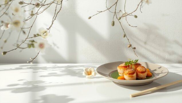 Japanese cuisine with skewered scallops, highlighting raw seafood preparation for a visual food display