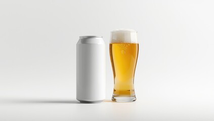 Empty beer can and glass with beer on a white background, serving as a layout for branding and packaging design, promotional material