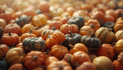 Vertical image of assorted sized and colored gourds against an autumn harvest background, highlighting seasonal fruit and farm produce