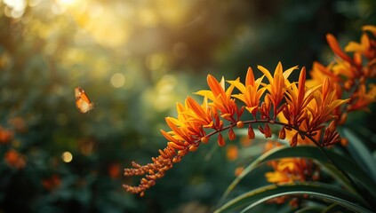 Autumn scene of Montbretia in a historic botanical garden, highlighting seasonal plant maintenance and garden preservation