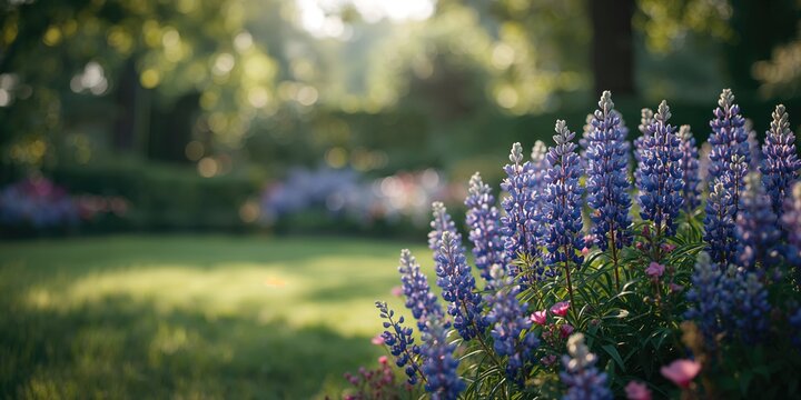 Flower bed with blue, pink, and violet Lupinus blooms, used as a decorative backdrop for landscape photography, Earth Day