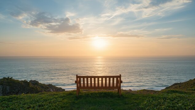 Lonely bench overlooking the ocean with a tranquil setting for reflection, World Environment Day - Powered by Adobe