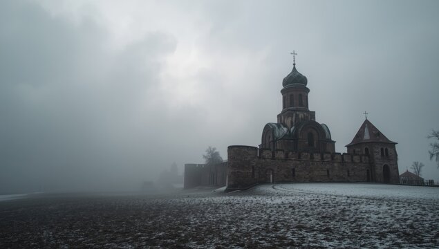 Fortified structure with a Russian church on a wintery overcast day, highlighting architectural resilience