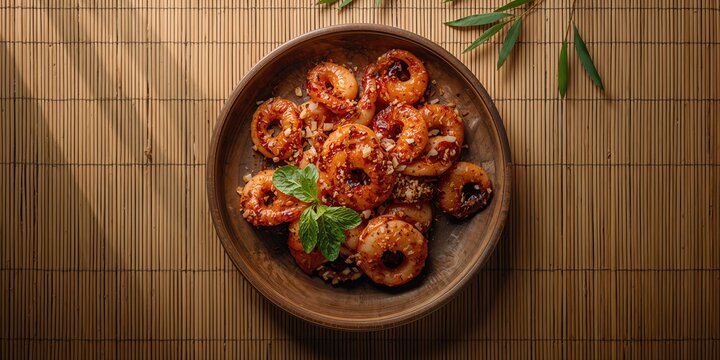 Thai street food dish, pan-fried squid with garlic and pepper, featured on bamboo textured surface, Food & Drink, Earth Day