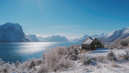 Snowy scenes of the Lofoten Islands highlighting icy waters and dramatic cliffs, winter seasonal variation