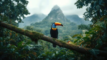 Obraz premium Green toucan resting on a tree branch within a rainforest setting, highlighting biodiversity preservation