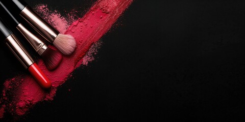 Red lipstick, blush brushes, pink powder on black background, makeup application tools for beauty routines