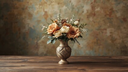 Vintage flower vase placed on a table, used as a background element in interior styling