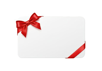 White gift card with red satin ribbon bow on corner isolated on background
