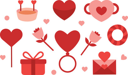 Collection of hearts and flowers in red and pink