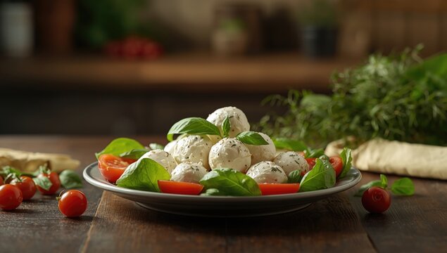 Fresh goat cheese balls on a rustic table setting, emphasizing healthy meal preparation and cheese textures, suitable for food styling