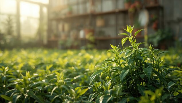 Pepper plants thriving inside a greenhouse, focusing on sustainable food production