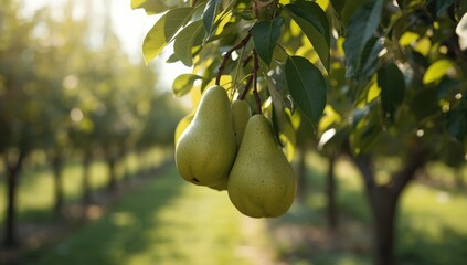 Organic conference pears attached to a branch in a pear orchard, highlighting seasonal fruit gathering