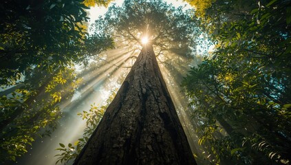 Majestic rainforest tree rising vertically with light filtering through leaves, illustrating forest preservation