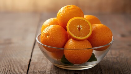 Fruits of oranges arranged in a glass dish emphasizing natural health benefits, tropical setting, World Nutrition Day