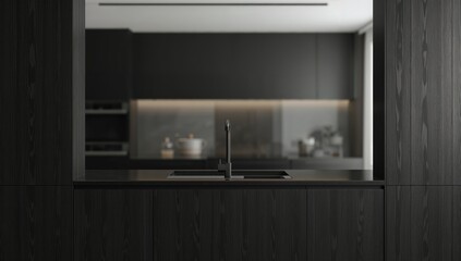 Dark wood kitchen interior featuring a black countertop and sink serving as a background for branding or advertising