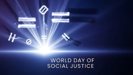 World day of social justice celebration with shining light and symbols