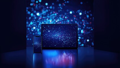 Modern technology scene with glowing smartphone and tablet on deep blue background, ideal for digital interface backgrounds