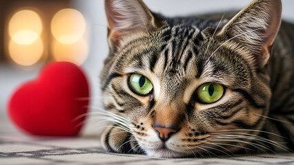 A tabby cat with green eyes and a red heart