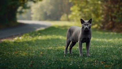 A feline with prominent fangs looking away, highlighting predator features
