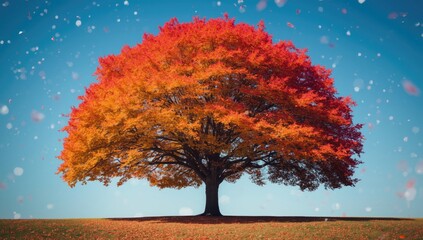 Colorful maple leaves in fall season with clear blue sky, seasonal change