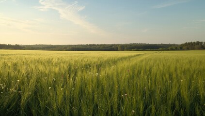 Fototapeta premium Spring wheat harvest scene with vibrant green foliage and distant trees, ideal for nature-themed layout