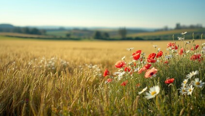 Obraz premium Springtime wheat field dotted with poppies and daisies, illustrating seasonal floral abundance