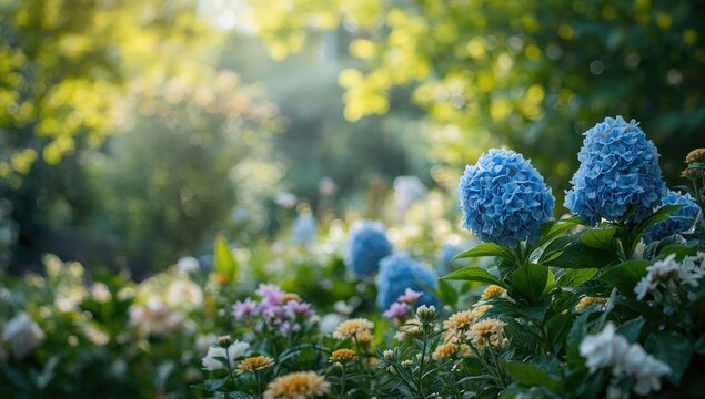 Colorful garden featuring a variety of flowers and dense foliage serving as a natural backdrop