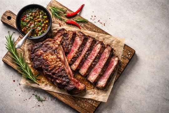 Contemporary top angle of dry-aged wagyu steak served with spicy chimichurri and chili on wooden cut board with copy space