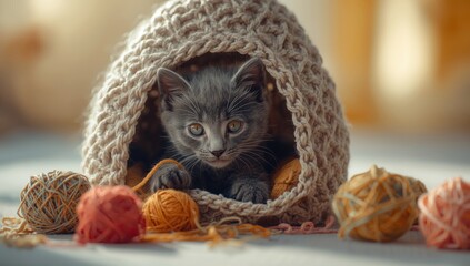 Gray kitten in a handmade knitted house, focusing on pet enclosure design
