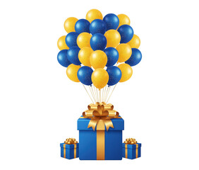 A cluster of blue and yellow balloons floating above three blue gift boxes with golden ribbons