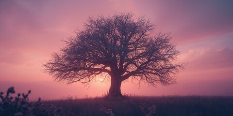 Leafless winter tree silhouetted against a sunset sky, suitable for editorial headers or design backdrops, seasonal change