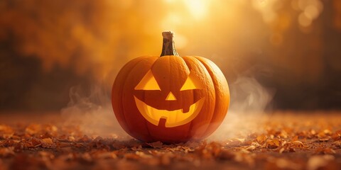 Colorful carved pumpkin with a smiling face used as a holiday decoration, Halloween theme