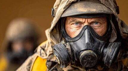 Fototapeta premium A man in a hazmat suit with a gas mask on his face. He looks angry and is wearing a yellow jacket
