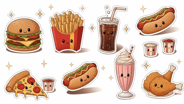 Cute Kawaii Fast Food Character Sticker Set Collection with Burger and Fries
