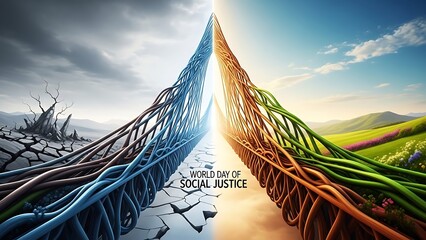 World day of social justice concept with colorful network cables forming a bridge from a desolate landscape to a lush green field