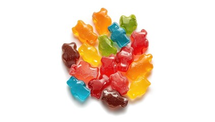 Assorted gummy candies in vibrant colors arranged on a white surface, ideal for layout backgrounds or visual displays