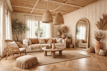 Fototapeta premium Bohemian interior with bleached wood walls, cane ceiling, parquet, and earthy decor elements
