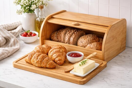 Artisan breadbox with wooden cutting board presenting croissants on white marble kitchen table