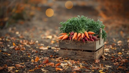 Harvested carrots and beets stored in a crate for winter supply, focusing on seasonal crop collection