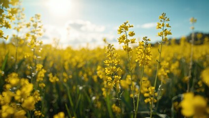 Mustard crop in full bloom with vibrant yellow flowers, highlighting plant growth and natural landscapes