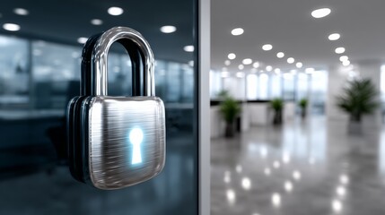 A silver lock with a keyhole and a blue light on it. The lock is in front of a window with a view of a building